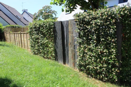 Clôture alternée avec des palis de schiste et végétale